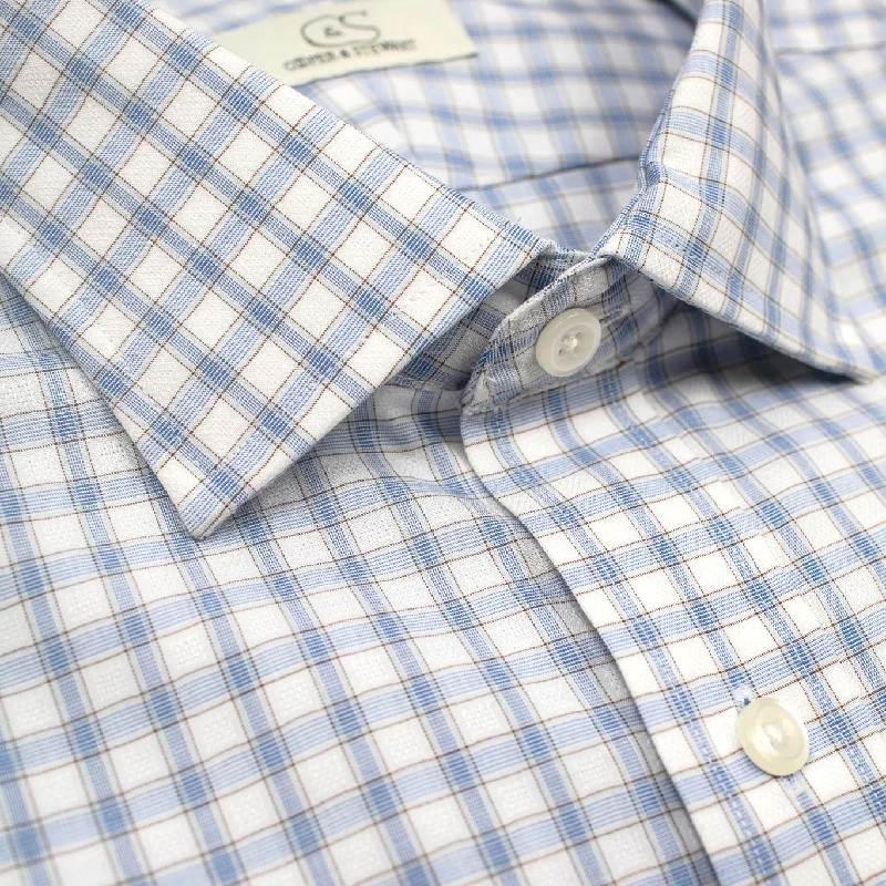 Blue and Tan Check Wrinkle-Free Cotton Dress Shirt with Spread Collar by Cooper & Stewart