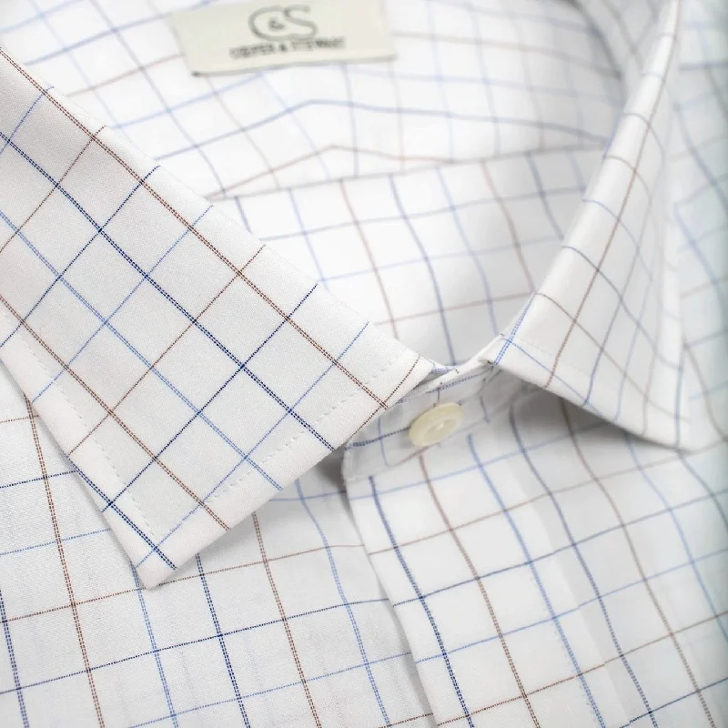 Blue and Tan Check Stretch Cotton Wrinkle-Free Dress Shirt with Spread Collar by Cooper & Stewart