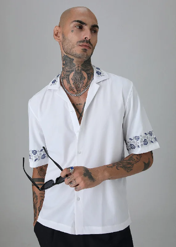 Blue Rose Embroidery White Shirt