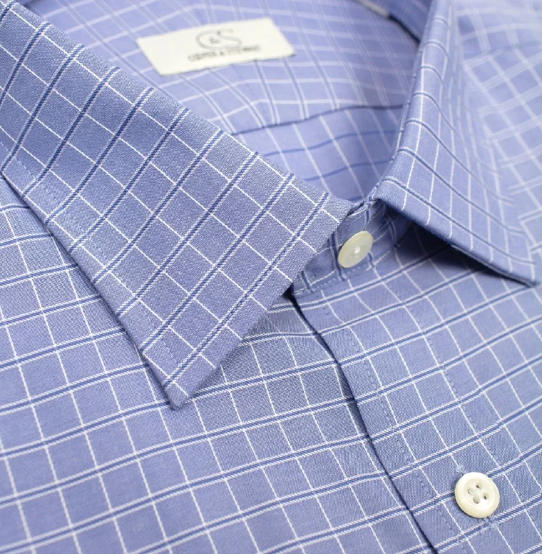 Blue Satin Check Wrinkle-Free Cotton Dress Shirt with Spread Collar by Cooper & Stewart