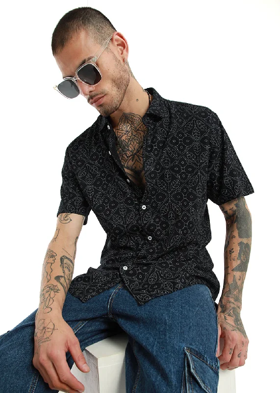 Emblematic Black Leaf Print Half Sleeve Shirt