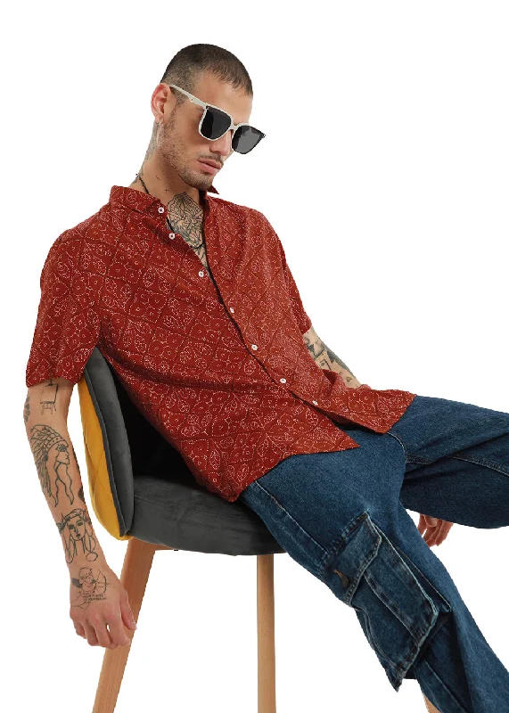 Emblematic Maroon Leaf Print Half Sleeve Shirt