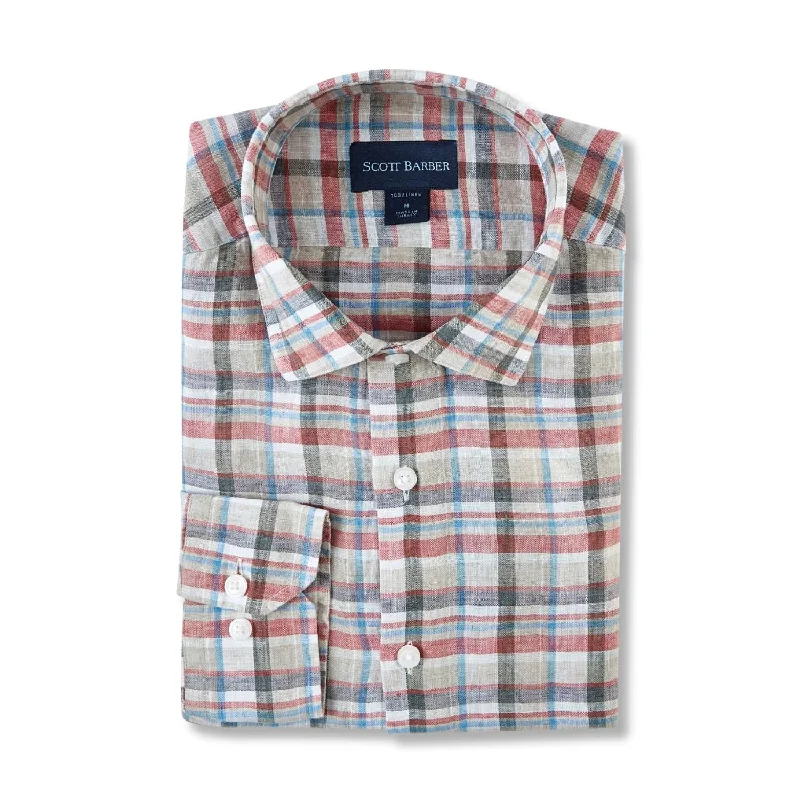 Italian Washed Linen Bold Plaid Sport Shirt in Spice by Scott Barber