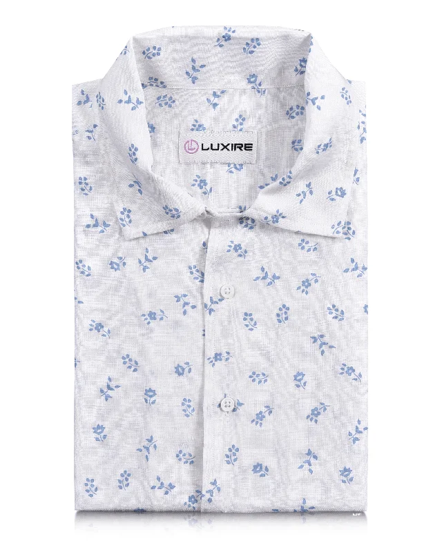 Linen: Pale Blue Printed Leaves On White