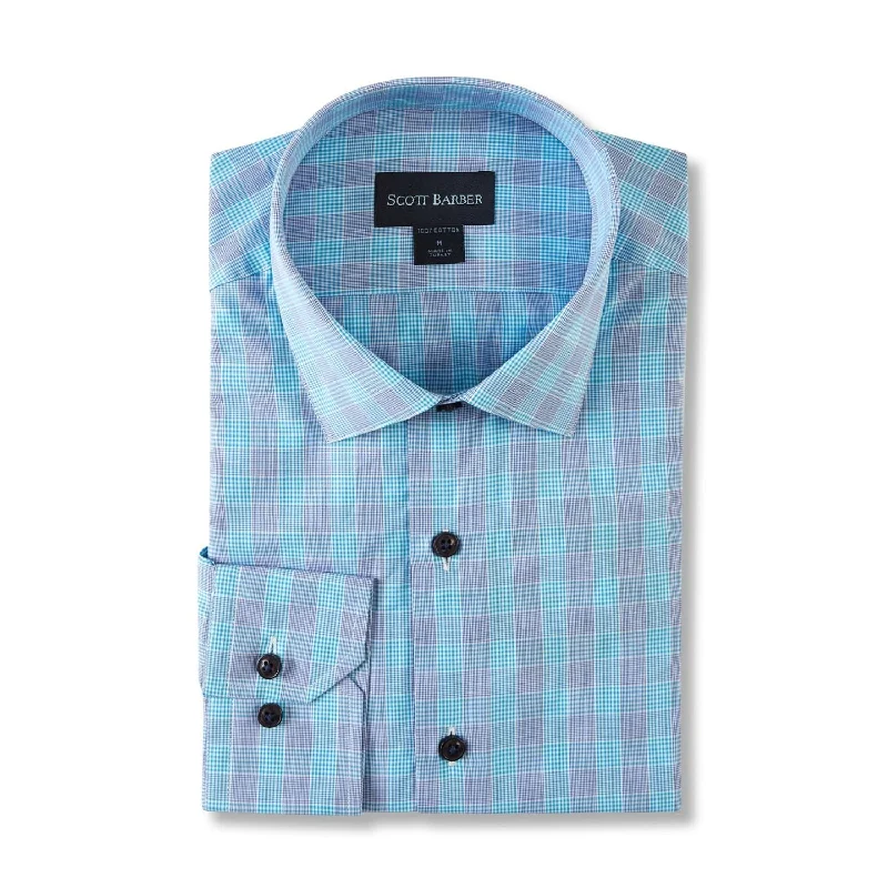 Micro Dobby Glen Plaid Cotton Sport Shirt in Aqua and Blue by Scott Barber