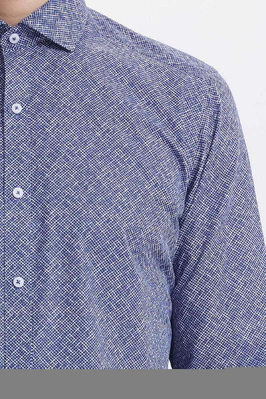 Slim Fit Cotton Diagonal Grid Navy Casual Shirt