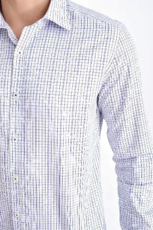 Slim Fit Long Sleeve Plaid Cotton Navy Casual Shirt