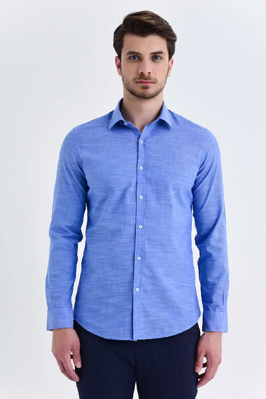 Slim Fit Long Sleeve Plain Linen & Cotton Blend Casual Shirt, Blue