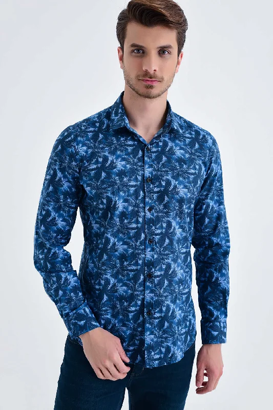 Slim Fit Palm Tree Printed Cotton Navy Casual Shirt