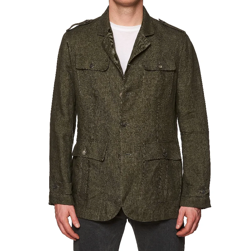 BRUNELLO CUCINELLI Olive Green Linen Safari Field Jacket EU 50 NEW US 40