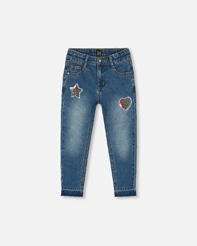 Jeans With Embroidery Patch Blue Denim