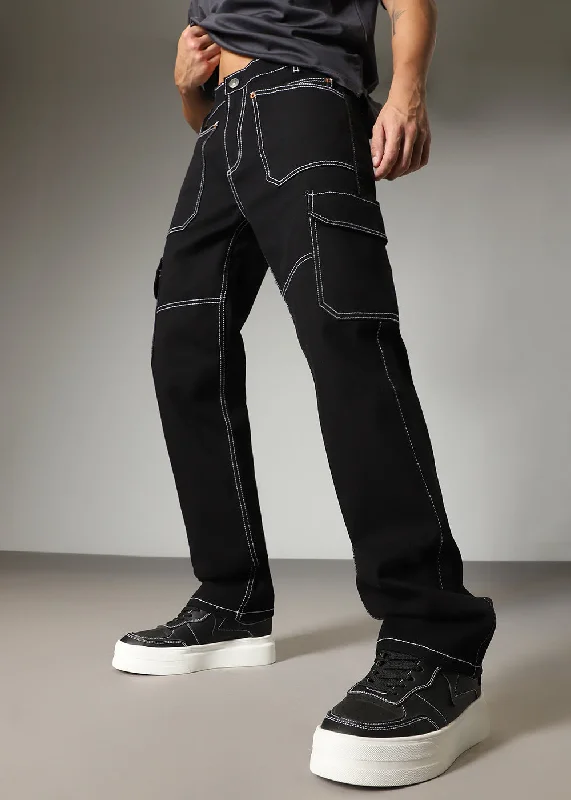 Top Stitched Black Denim Cargo