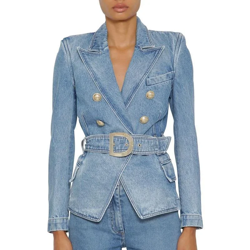 Belted Denim Blazer Women - Casual - Plain-Solid