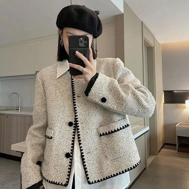 Light Grey Cropped Tweed Jackets Women