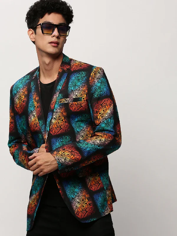 Men Black Printed Casual Blazers