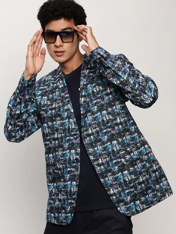 Men Blue Printed Casual Blazers