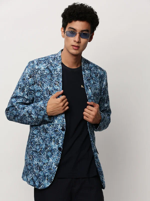 Men Blue Printed Casual Blazers