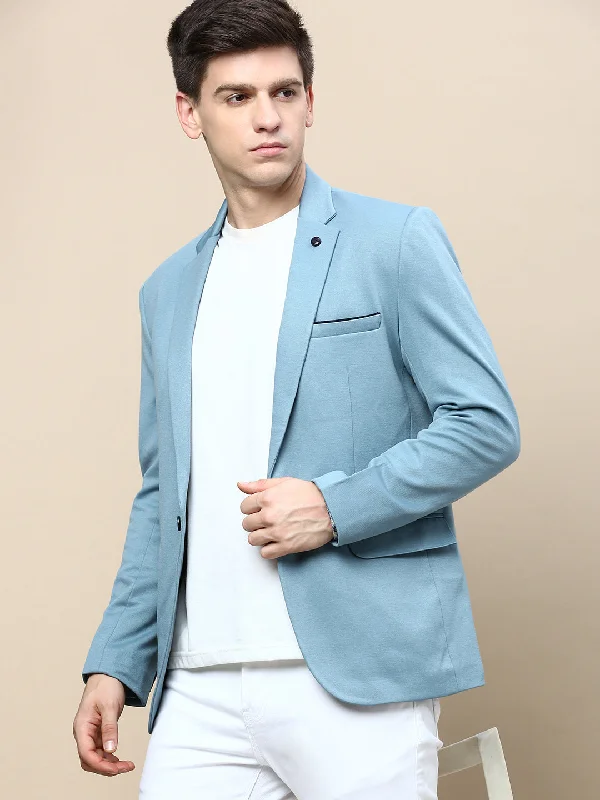 Men Blue Solid Casual Blazers