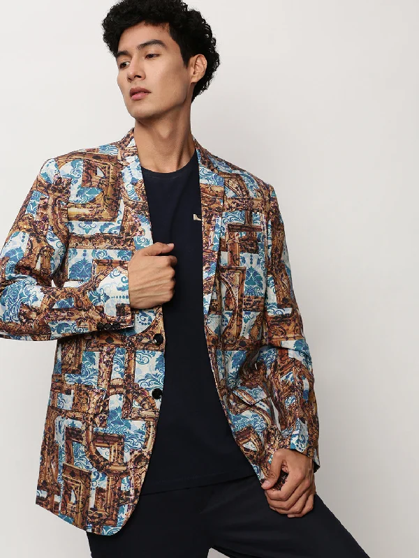 Men Brown Printed Casual Blazers