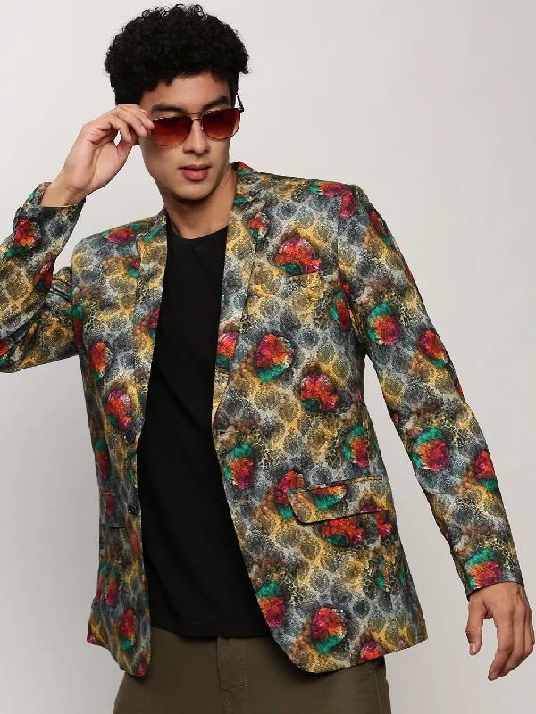 Men Grey Printed Casual Blazers