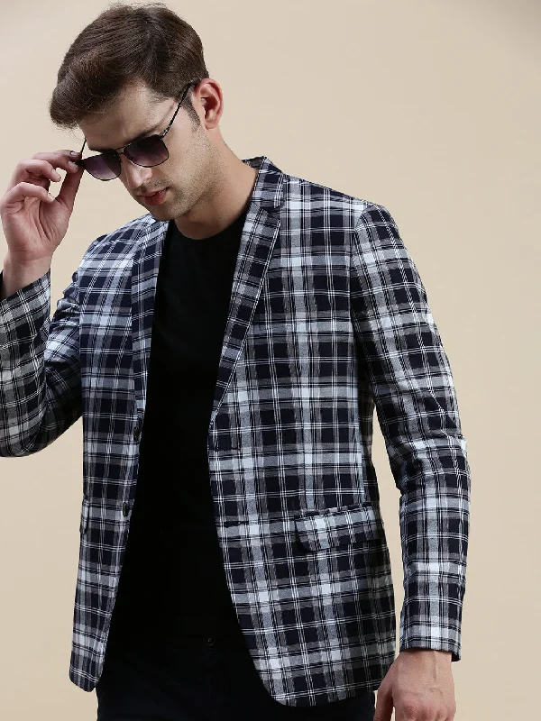 Men Navy Checked Casual Blazer