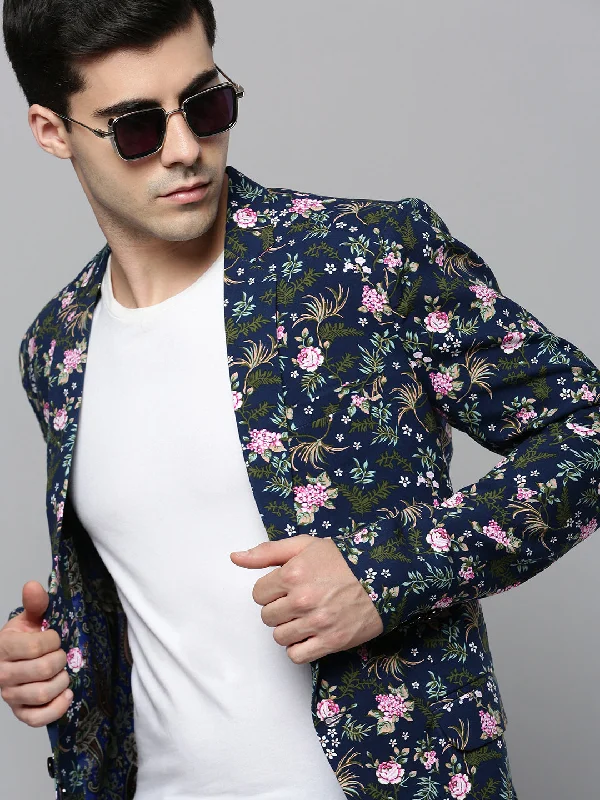 Men Navy Printed Blazer