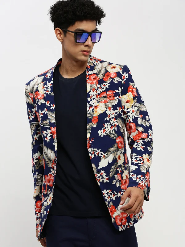 Men Navy Printed Blazer