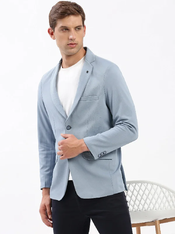 Men Notched Lapel Solid Blue Blazer