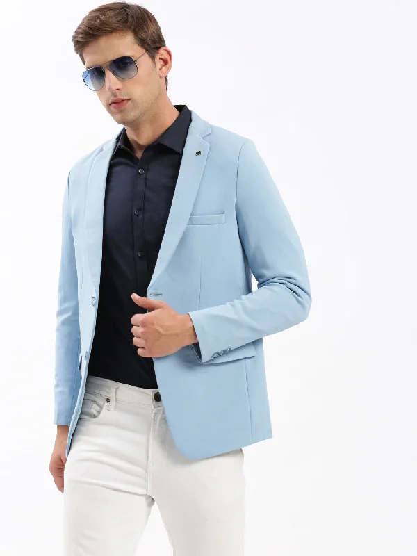 Men Notched Lapel Solid Blue Blazer