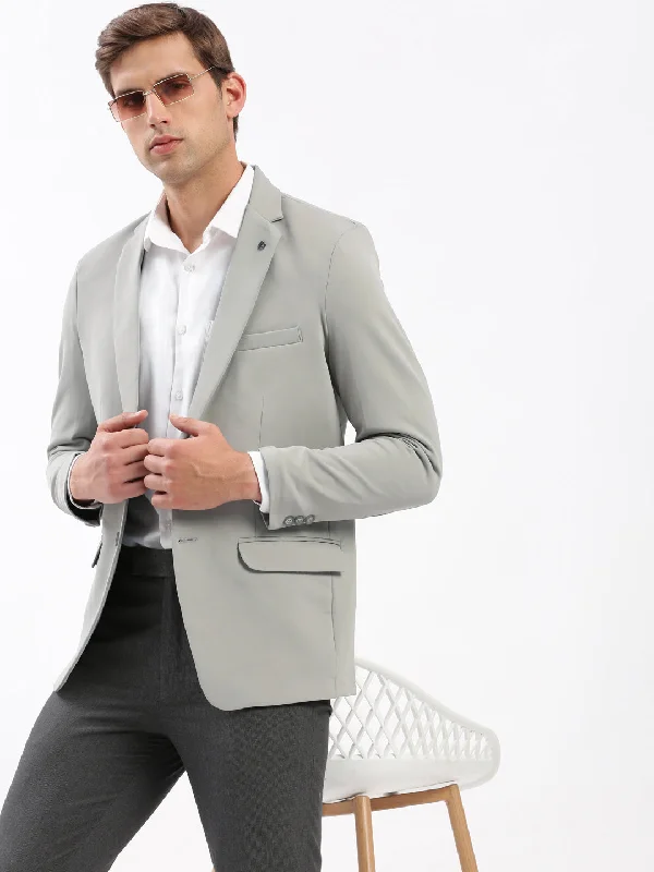 Men Notched Lapel Solid Grey Blazer