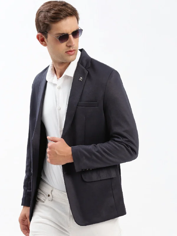 Men Notched Lapel Solid Navy Blue Blazer