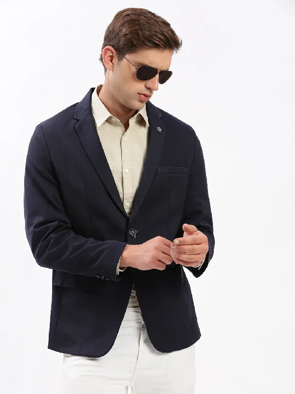 Men Notched Lapel Solid Navy Blue Blazer