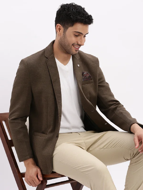 Men Solid Olive Single Breasted Blazer