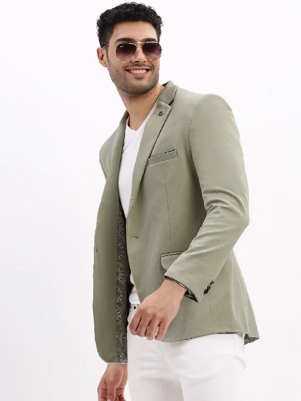 Men Solid Sea Green Single Breasted Blazer