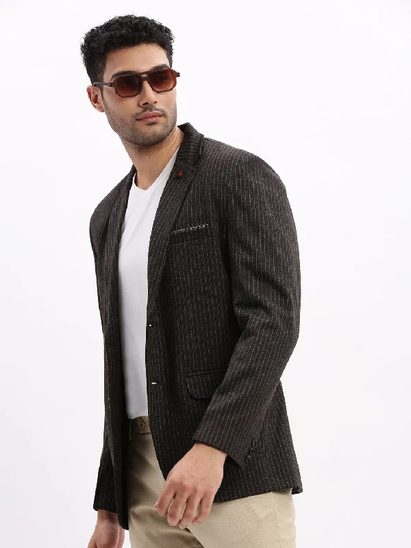 Men Striped Charcoal Single Breasted Blazer